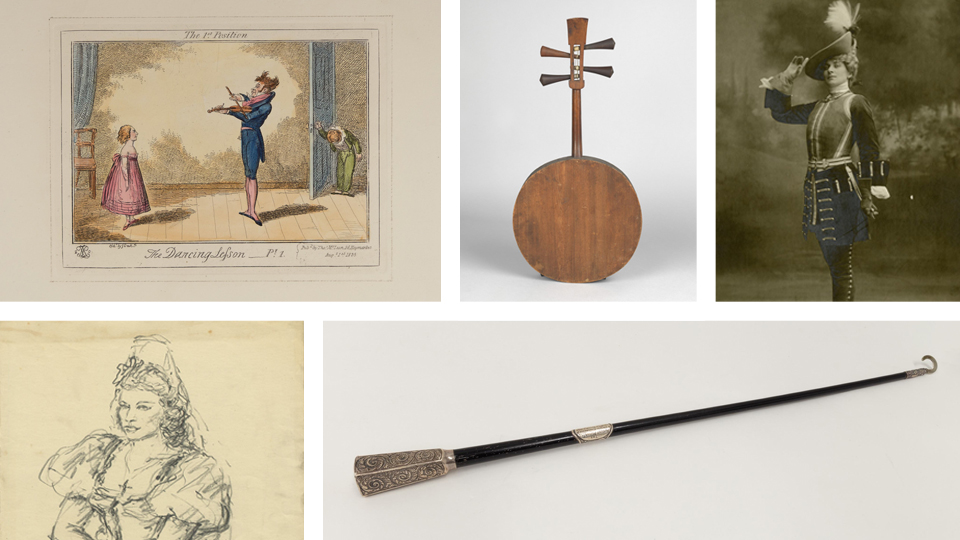 A collage image of 5 artefacts from left to right: dancing lesson etchings, Yueqin (wooden string instrument), old photograph of you women dressed in opera costume with large hat and feather (Mary Garden), pencil sketch of a women in opera costume (Hilde Gueden) and black presentation Baton from August Manns.